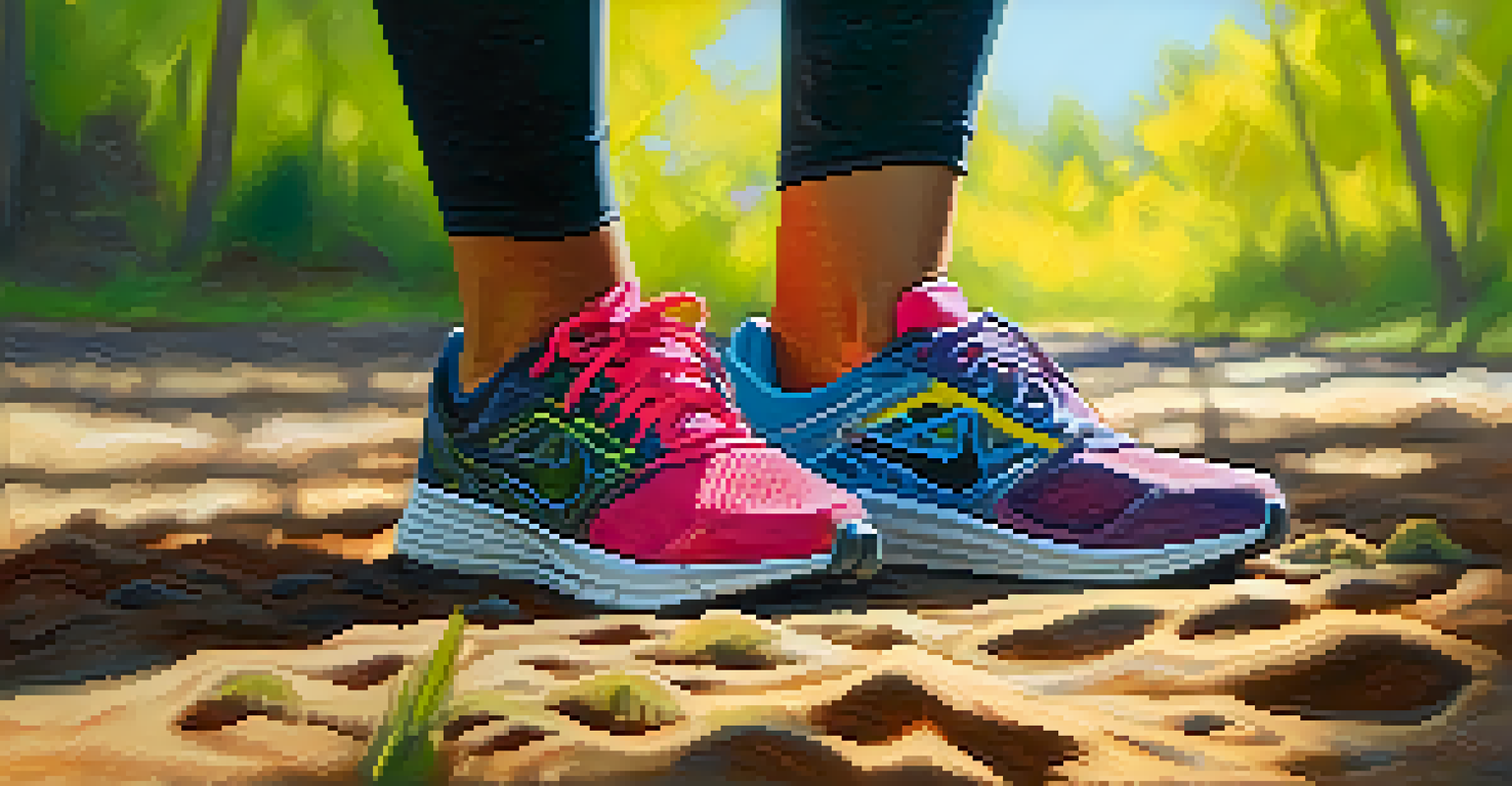 A close-up of a person's athletic shoes and legs as they perform a squat in an outdoor boot camp setting.