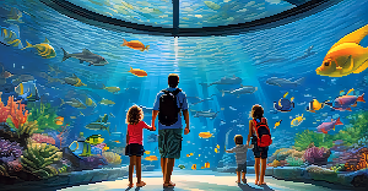 A family walking through an underwater tunnel surrounded by colorful fish and rays in an aquarium.