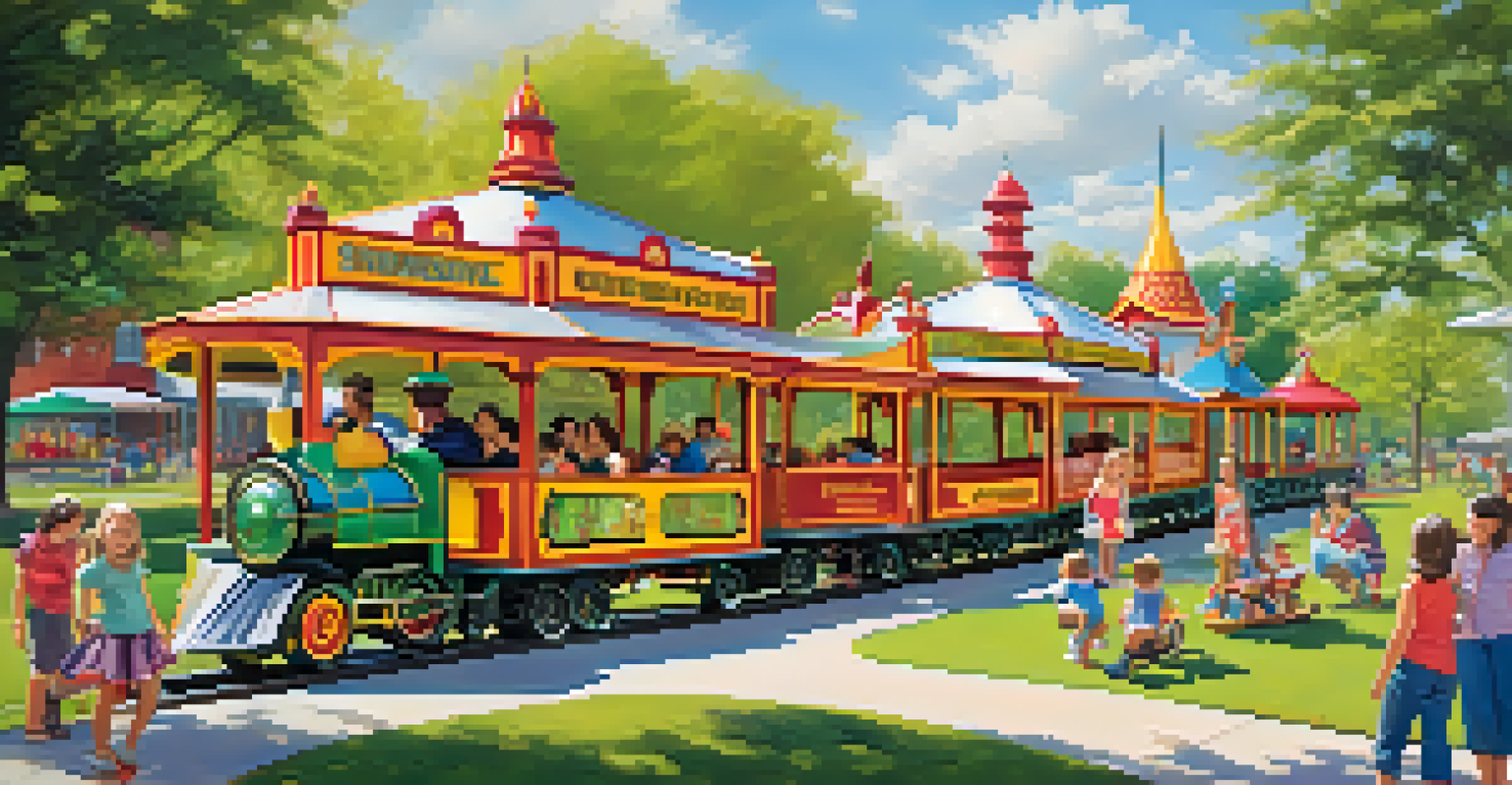 Children enjoying a miniature train and carousel ride at McCormick-Stillman Railroad Park, with happy parents watching.