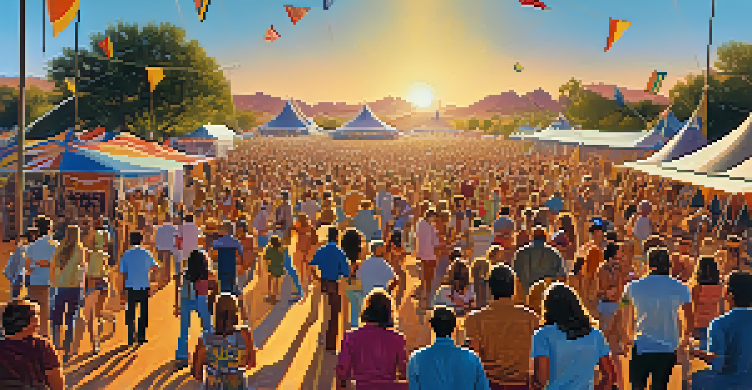 An outdoor music festival in Scottsdale with diverse musicians, colorful tents, and a lively crowd enjoying the sunset.