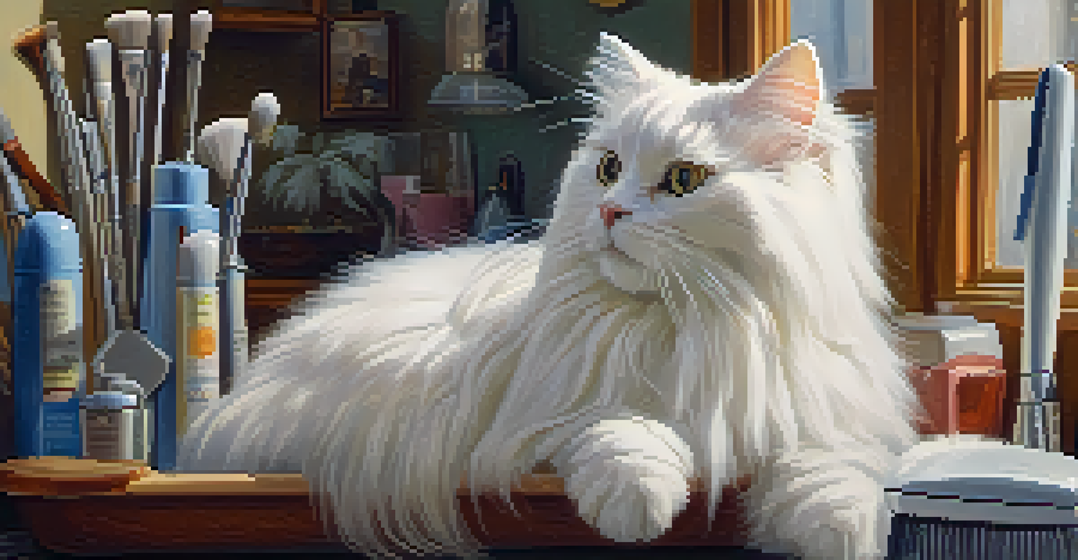 A groomer brushing a fluffy white cat on a grooming table with tools around.