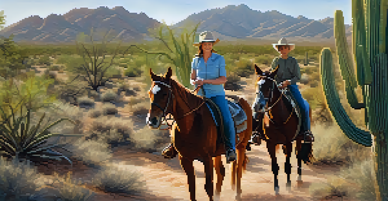 A family riding horses through the Sonoran Desert, with cacti and plants around them, while a guide shares insights about the ecosystem.