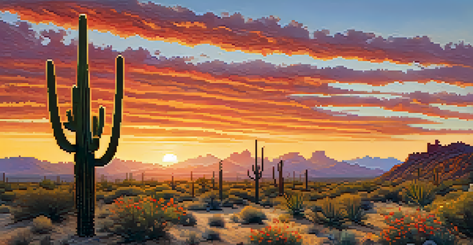 A picturesque desert landscape at sunrise with saguaro cacti and wildflowers, a hawk flying in the background.