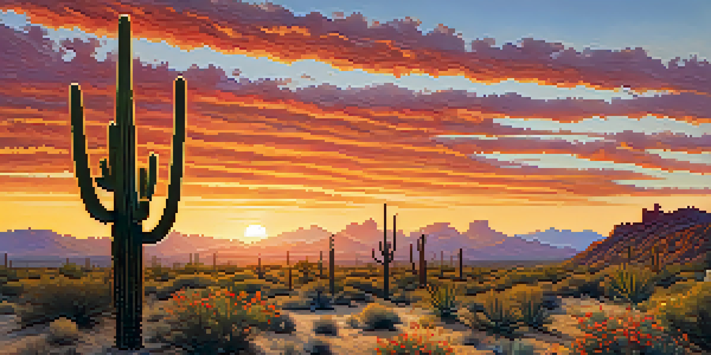 A picturesque desert landscape at sunrise with saguaro cacti and wildflowers, a hawk flying in the background.