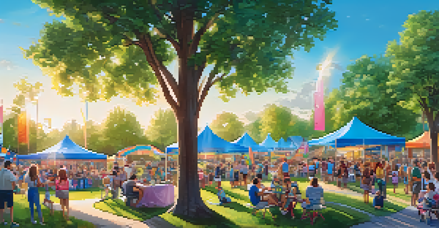 Families enjoying a concert with children engaged in face painting and crafts, surrounded by trees and a stage with musicians.