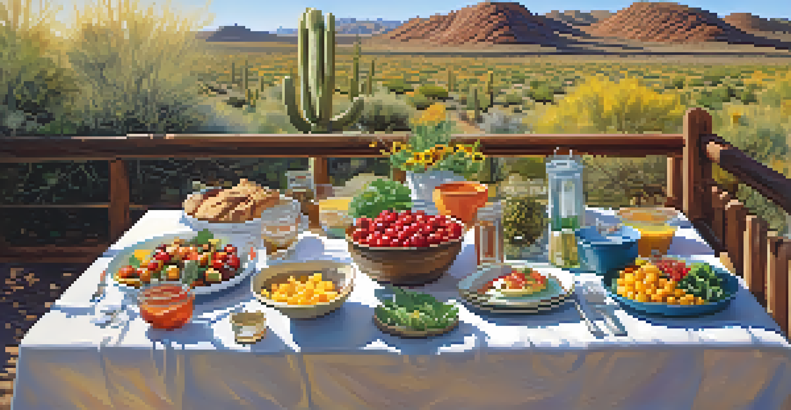 A table filled with healthy meals set outdoors, surrounded by desert scenery.