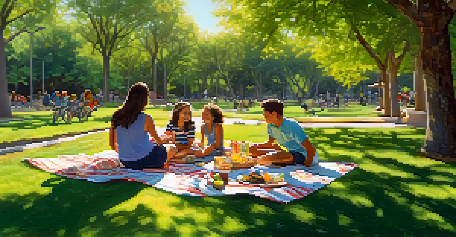 A family having a picnic in a park, enjoying food and each other's company.
