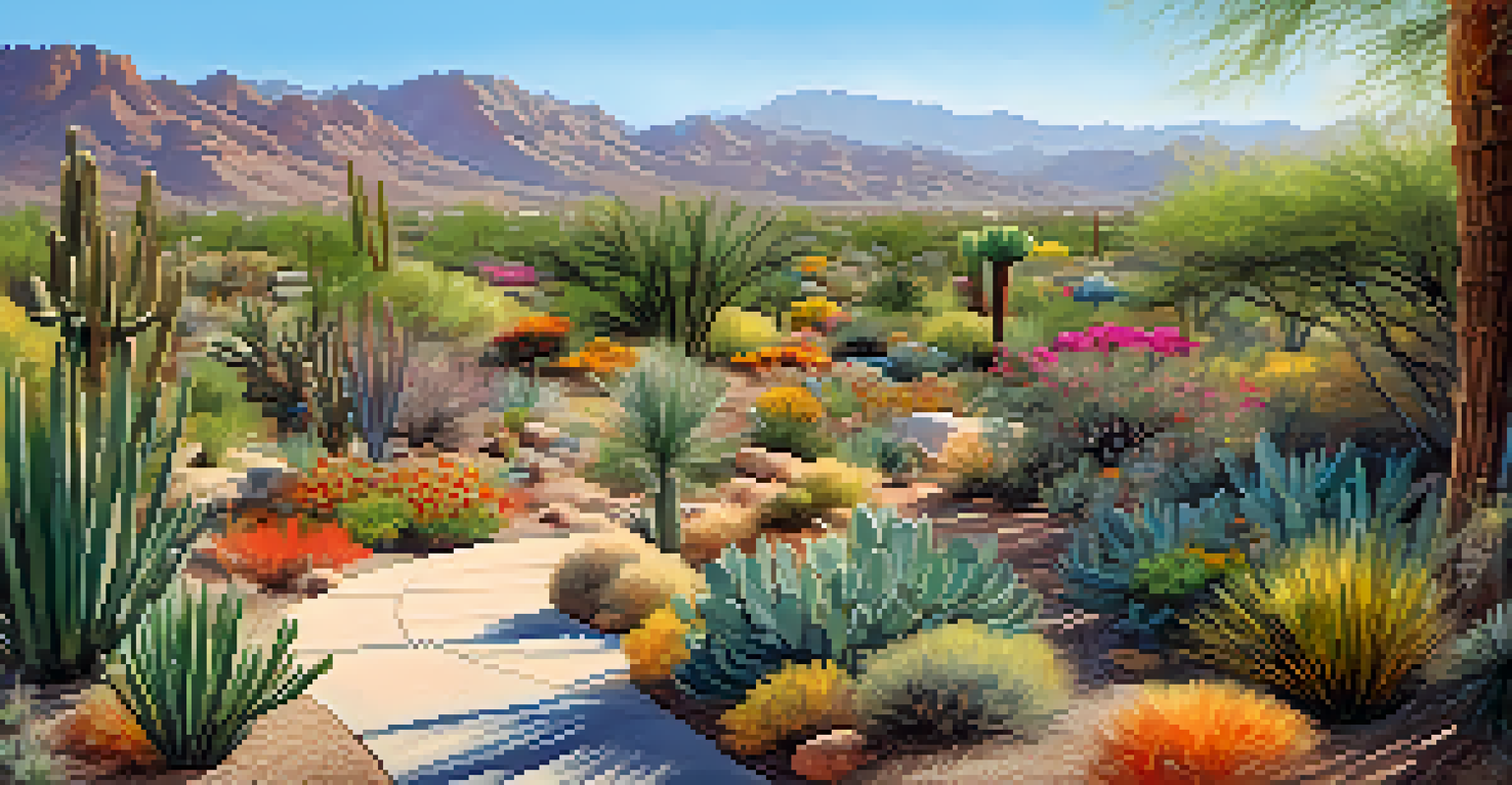 Families exploring the Desert Botanical Garden, surrounded by various desert plants and art installations, with children participating in a scavenger hunt.