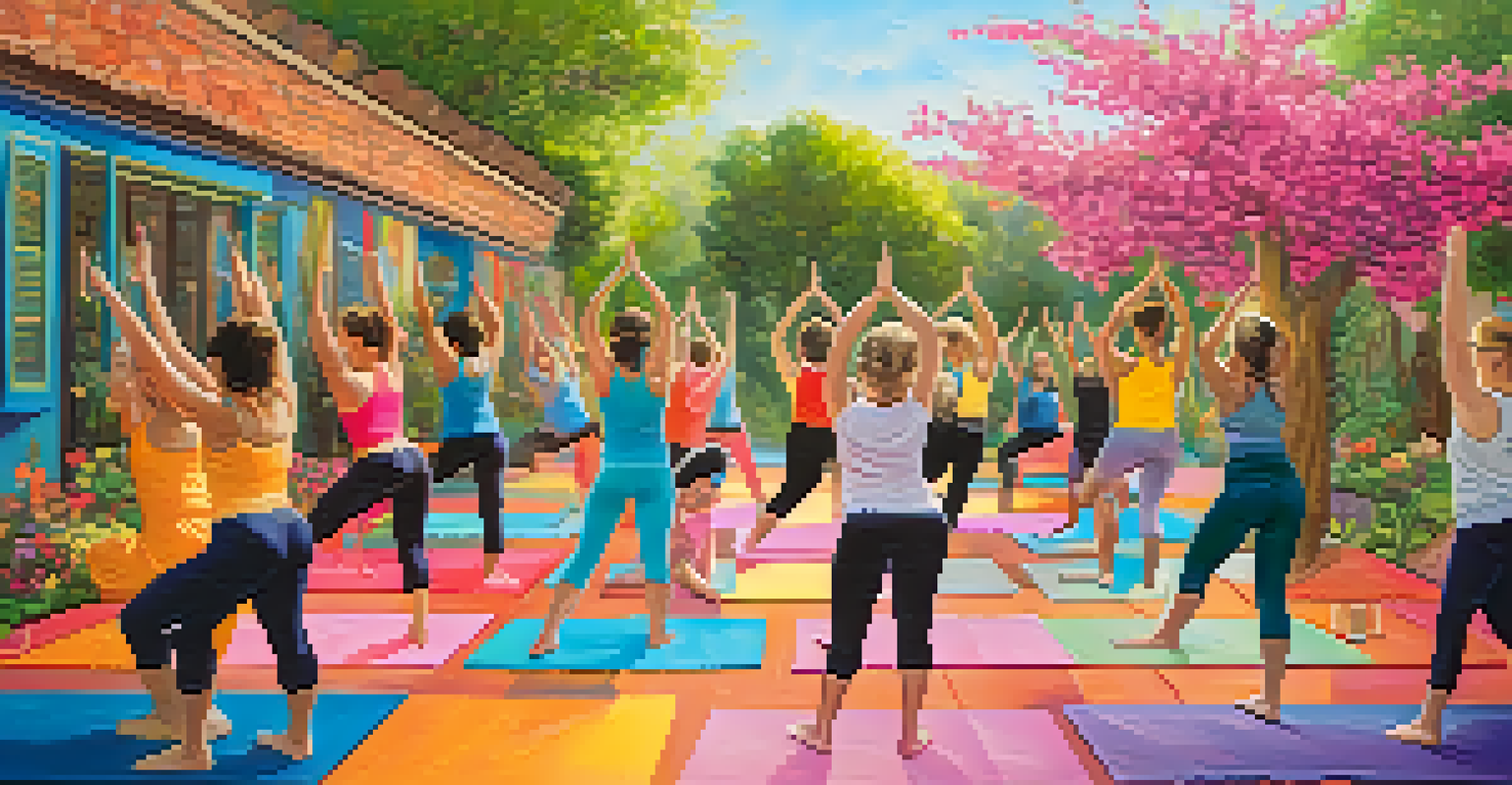 Participants in a vibrant outdoor yoga class surrounded by colorful decor and blooming flowers.