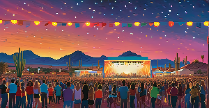 A lively outdoor music festival in Scottsdale with a diverse crowd enjoying a live band under a starry sky, surrounded by the Sonoran Desert.