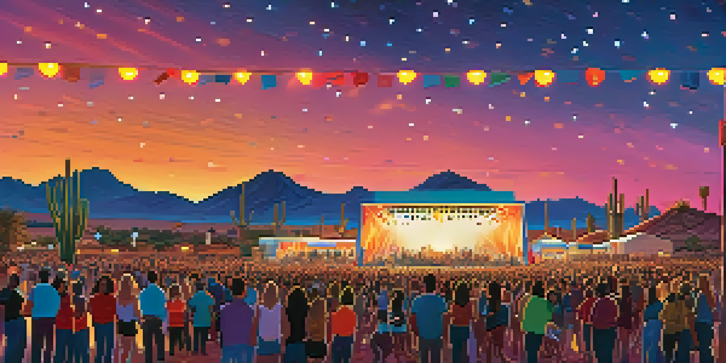 A lively outdoor music festival in Scottsdale with a diverse crowd enjoying a live band under a starry sky, surrounded by the Sonoran Desert.
