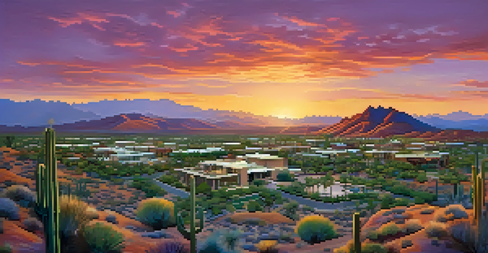 Aerial view of Scottsdale, Arizona, featuring luxury homes against a breathtaking sunset backdrop with vibrant colors and desert landscape.