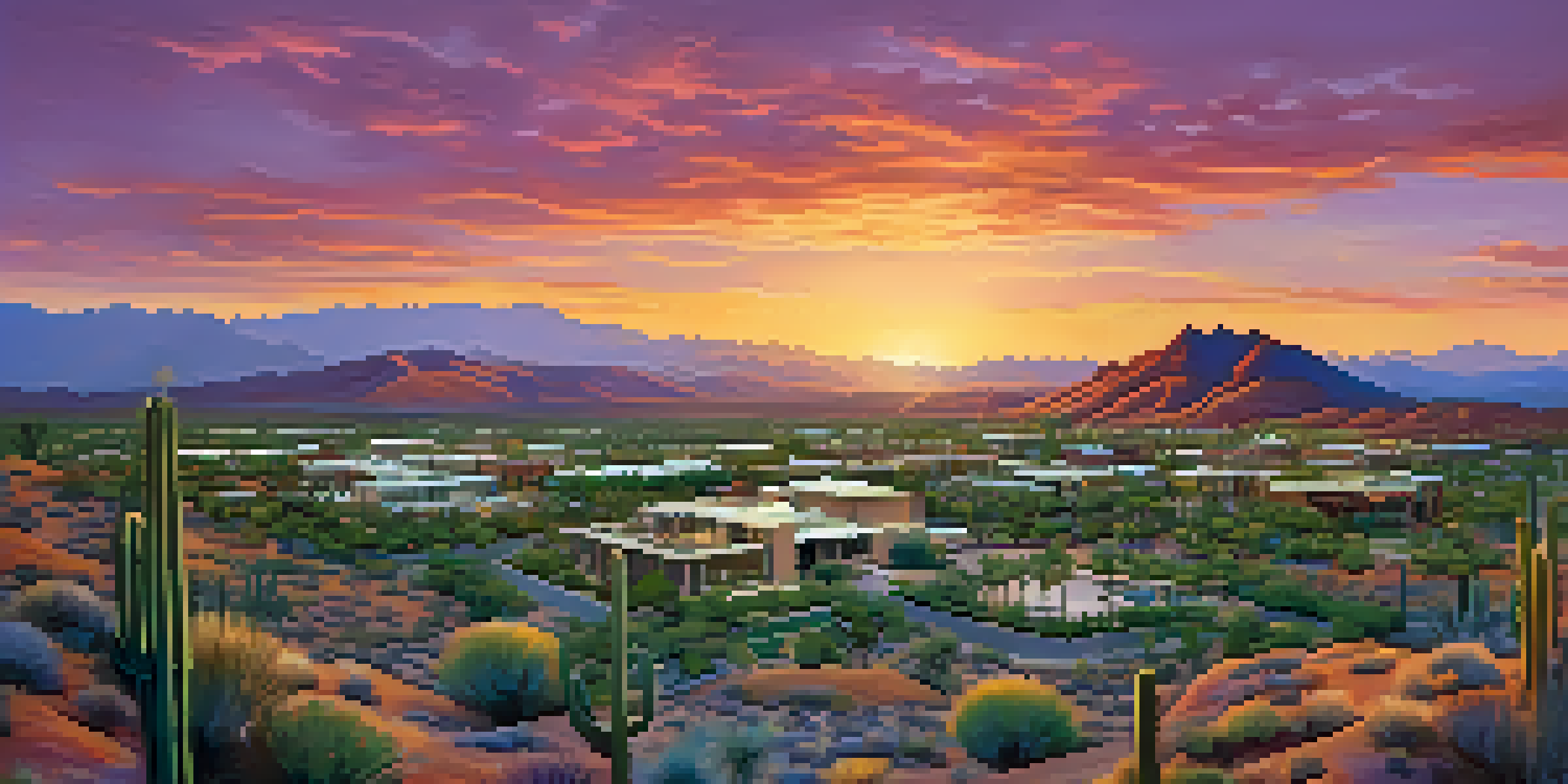 Aerial view of Scottsdale, Arizona, featuring luxury homes against a breathtaking sunset backdrop with vibrant colors and desert landscape.