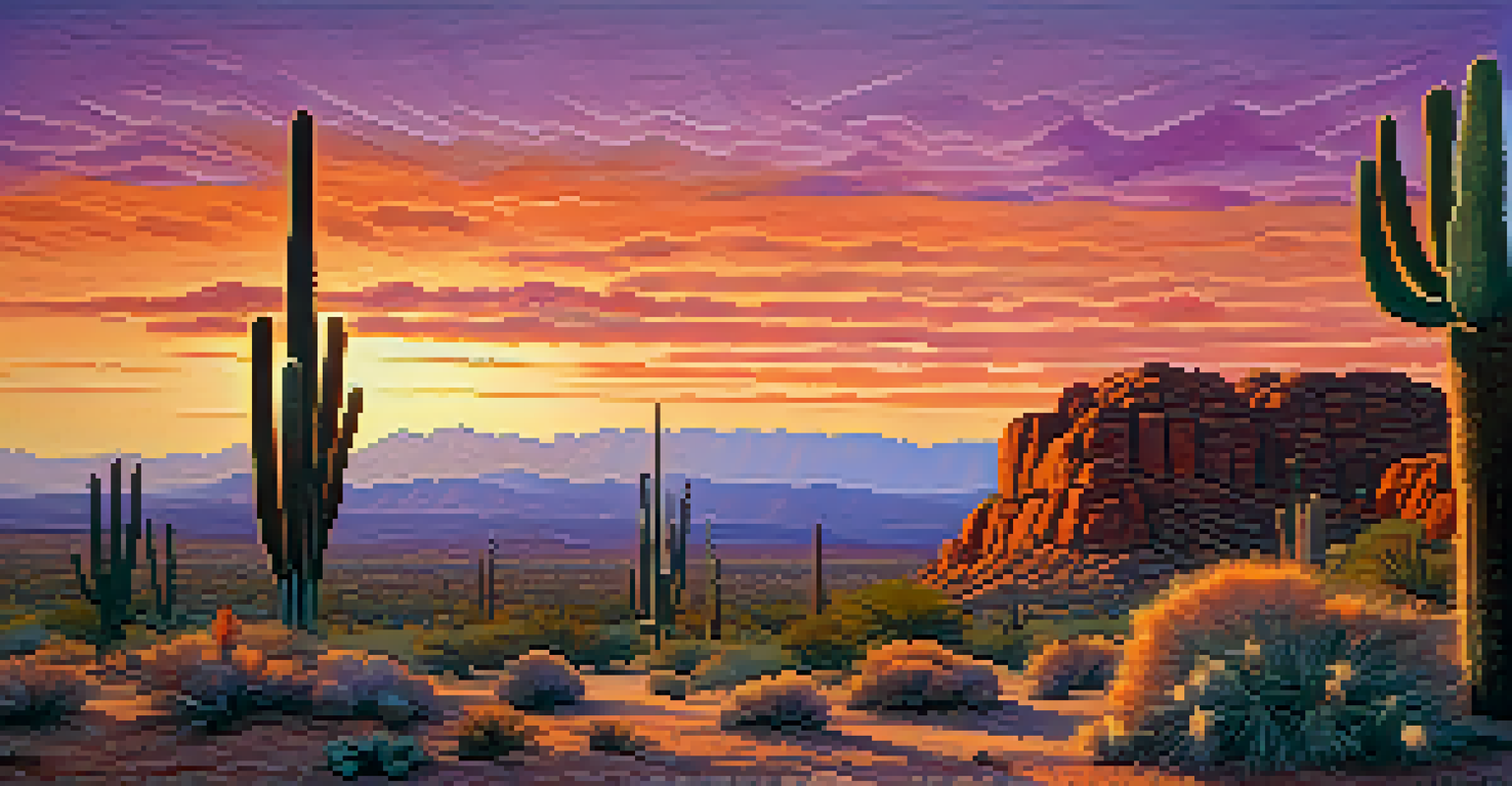 A colorful sunset over the Sonoran Desert with cacti and rock formations.