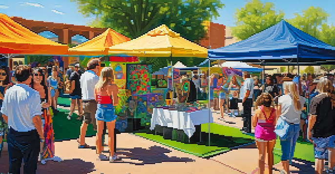 A lively festival atmosphere with artists displaying their work and musicians performing outdoors in Scottsdale.