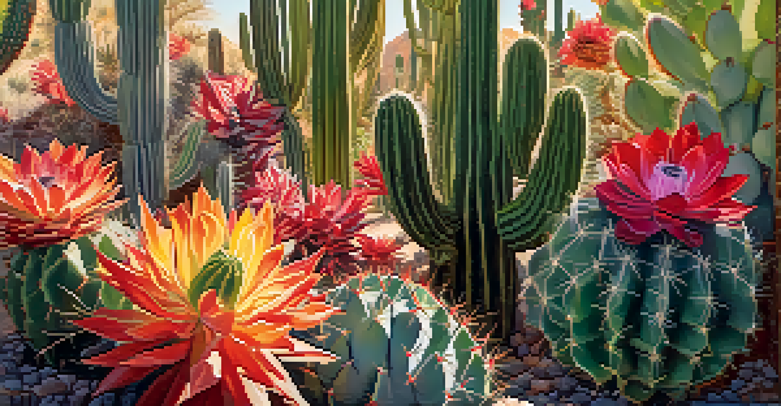 Close-up of a colorful cactus garden in Scottsdale, showcasing different cacti and succulents with sunlight casting shadows.