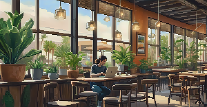 A person working on a laptop inside a cozy café, surrounded by greenery and sunlight streaming through large windows.