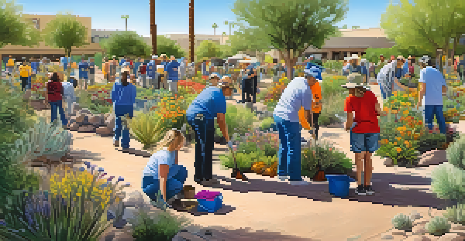 Residents volunteering in a local park, planting native plants and cleaning up, showcasing community engagement.