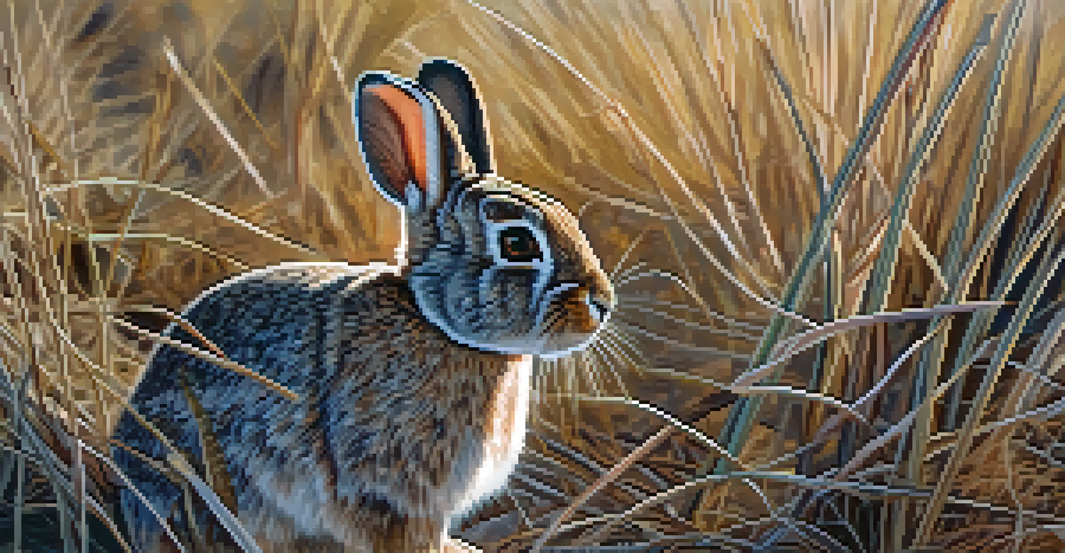 A close-up of a desert cottontail rabbit in its natural habitat among grasses and bushes.