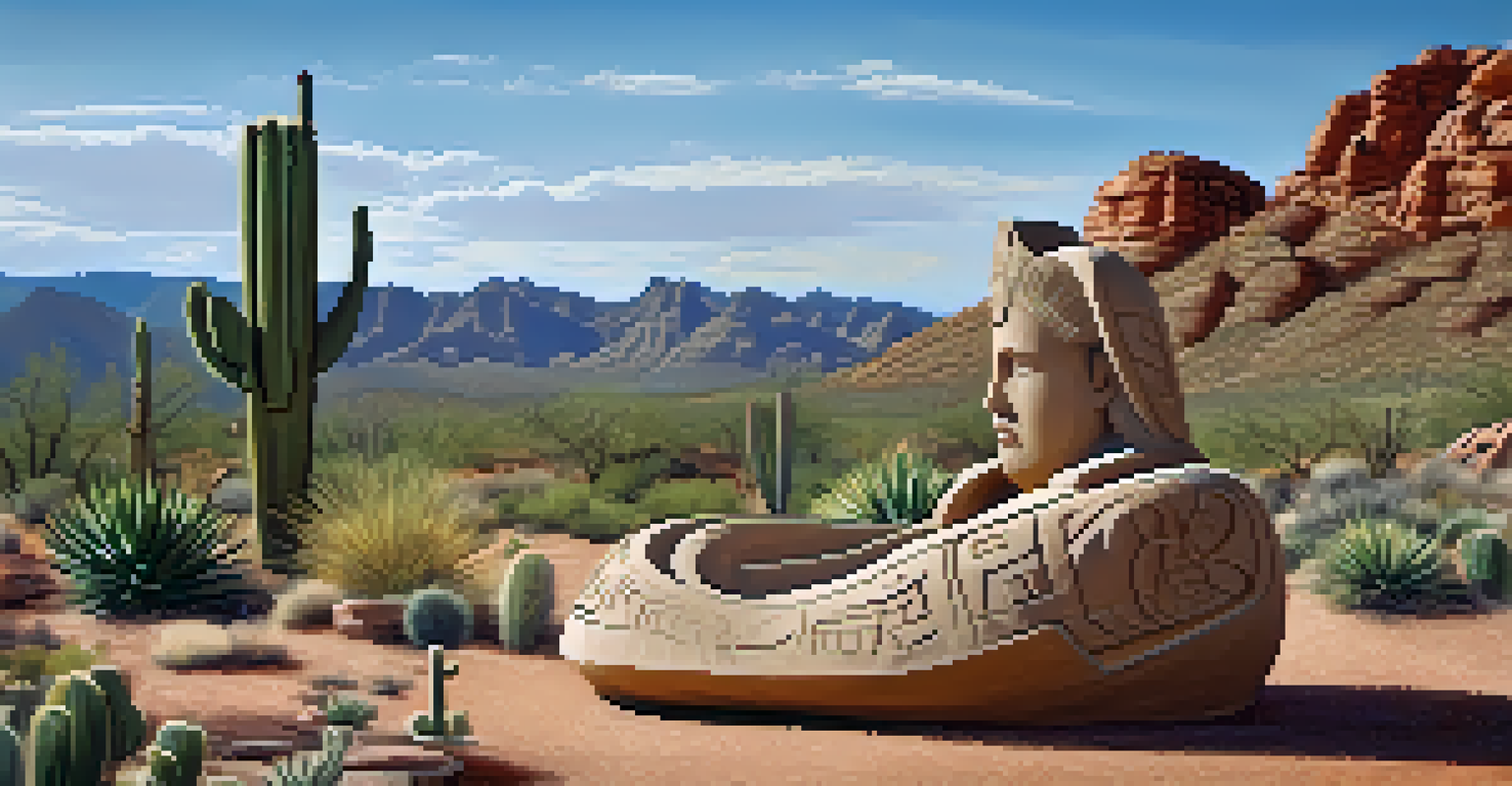 A close-up of a stone sculpture inspired by Native American culture, with intricate carvings, set in the Arizona desert.