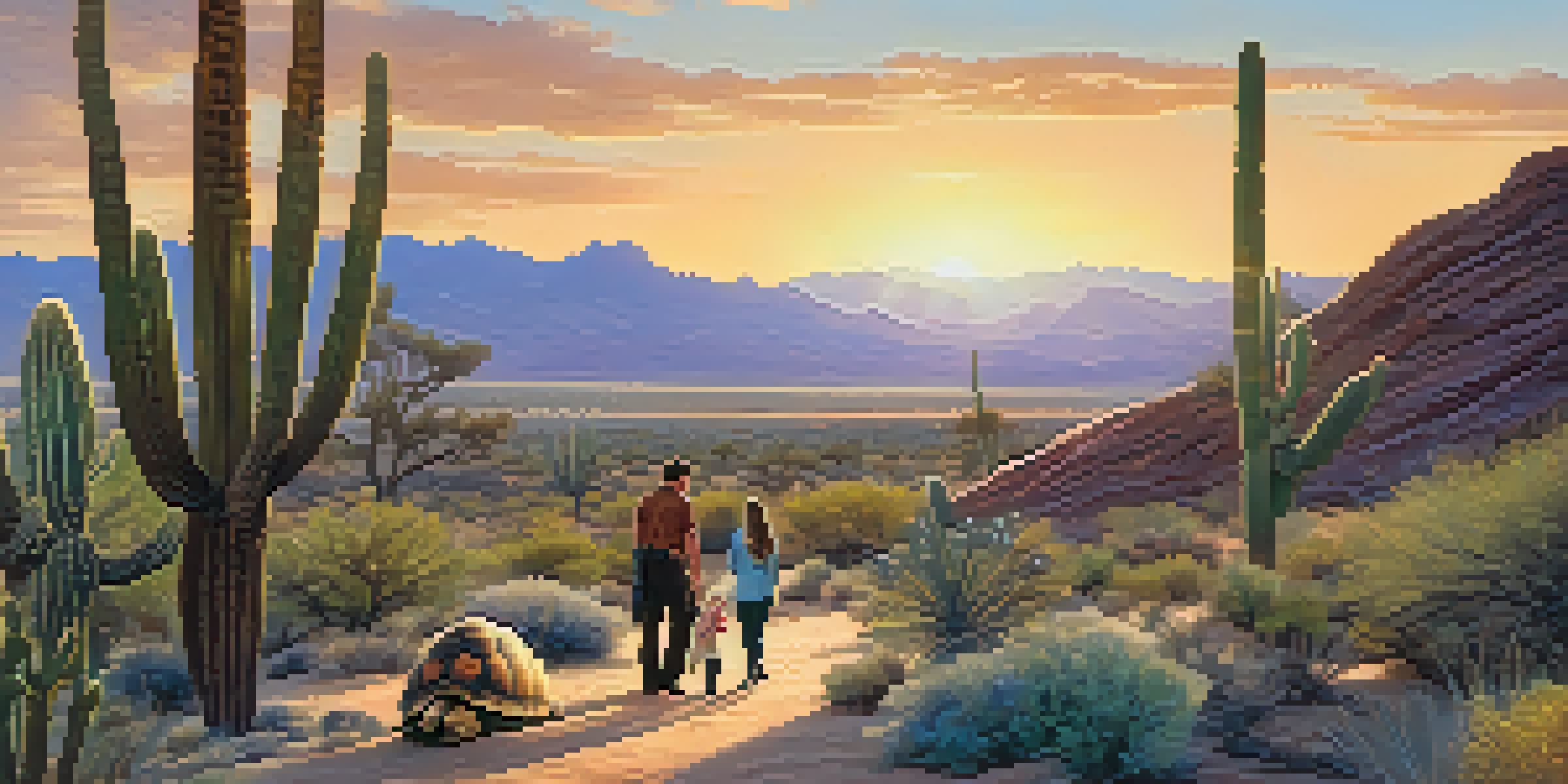 A family on a nature walk in the desert, observing a tortoise at sunset with vibrant plants surrounding them.