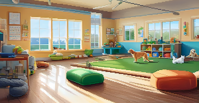 A clean and cheerful pet boarding facility with dogs and cats playing and a staff member interacting with them.
