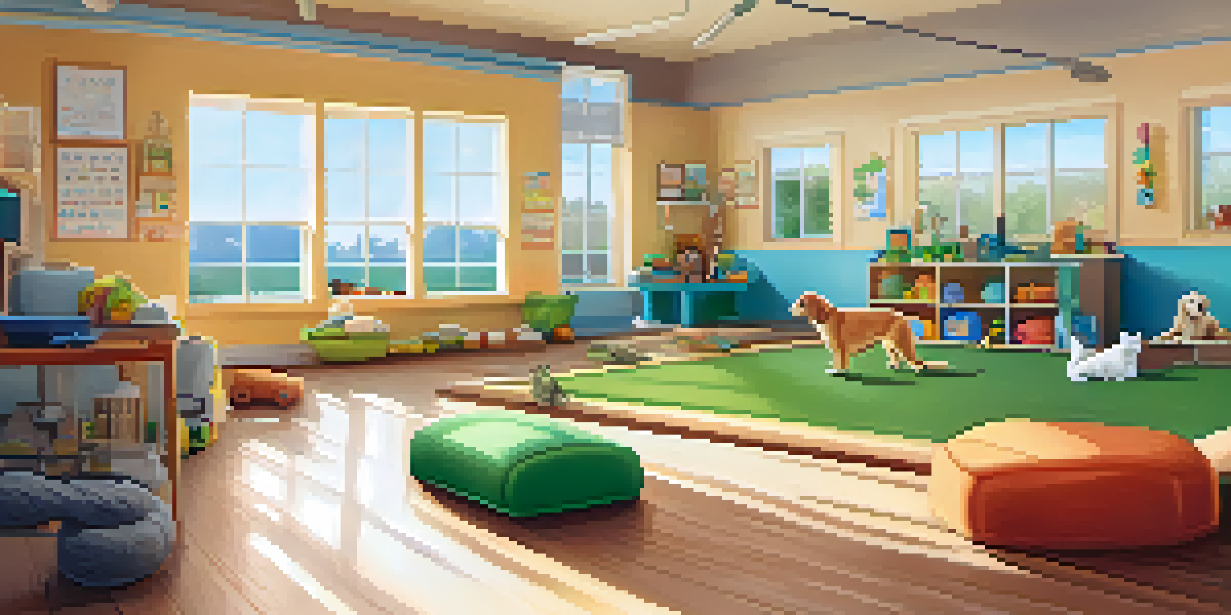 A clean and cheerful pet boarding facility with dogs and cats playing and a staff member interacting with them.
