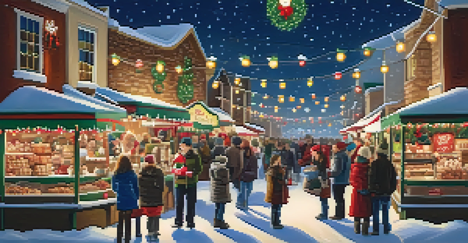 A magical winter market in Scottsdale with festive lights, holiday decorations, and families enjoying seasonal treats amidst a snowy backdrop.