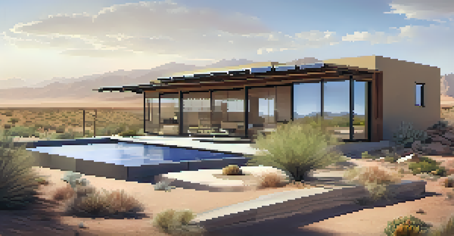 A modern desert home with solar panels and large windows, featuring a rainwater harvesting system in the garden.