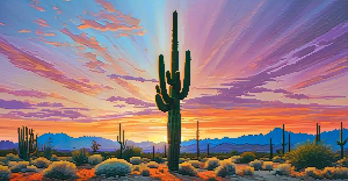 A tall Saguaro cactus with arms stretching towards a colorful sunset sky, surrounded by desert plants and flowers.