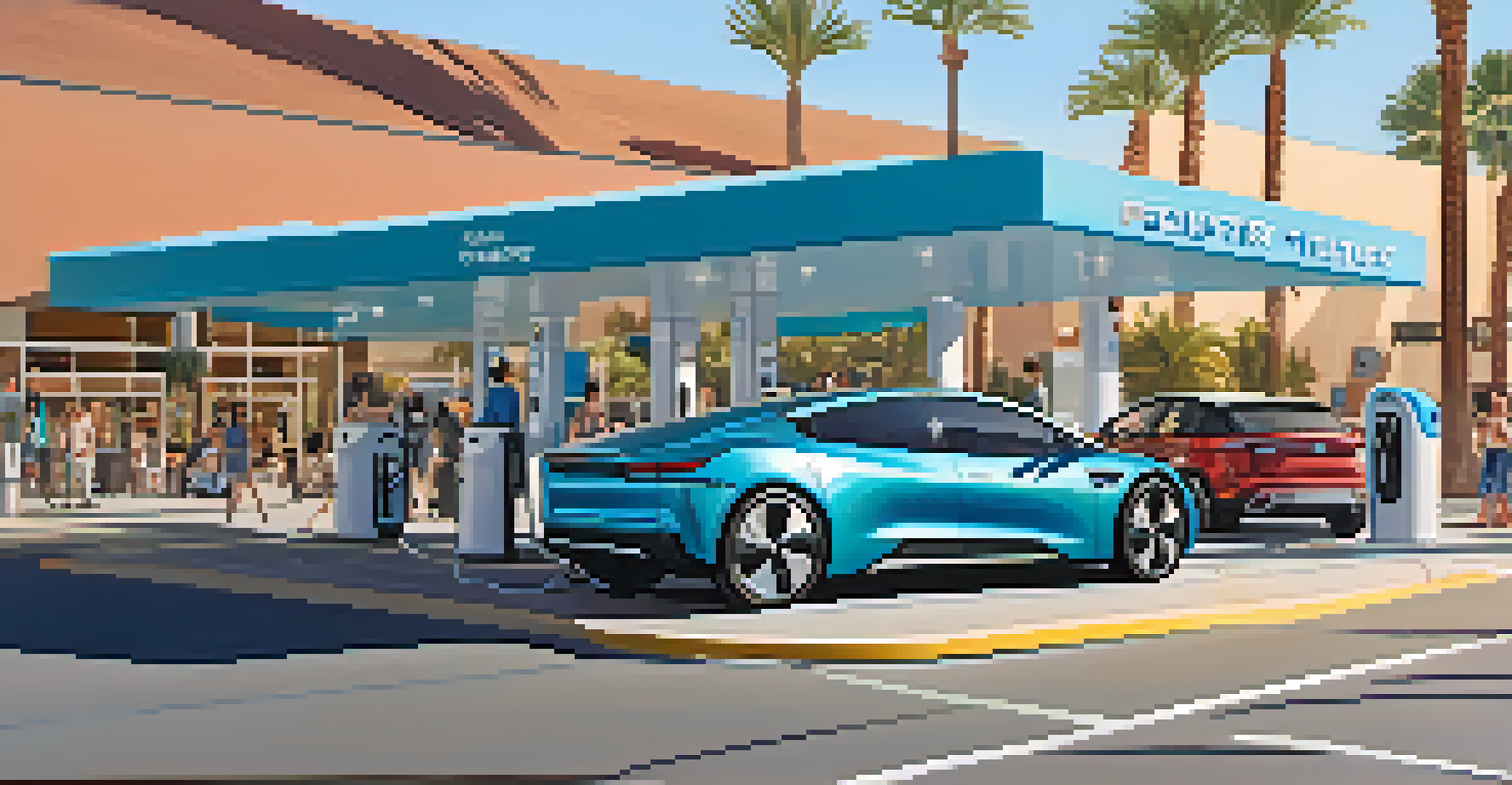 An electric vehicle charging station in a shopping area with shoppers and palm trees.