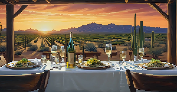 An elegant table setting at a restaurant featuring green chili enchiladas and a glass of Arizona wine, with a desert sunset in the background.