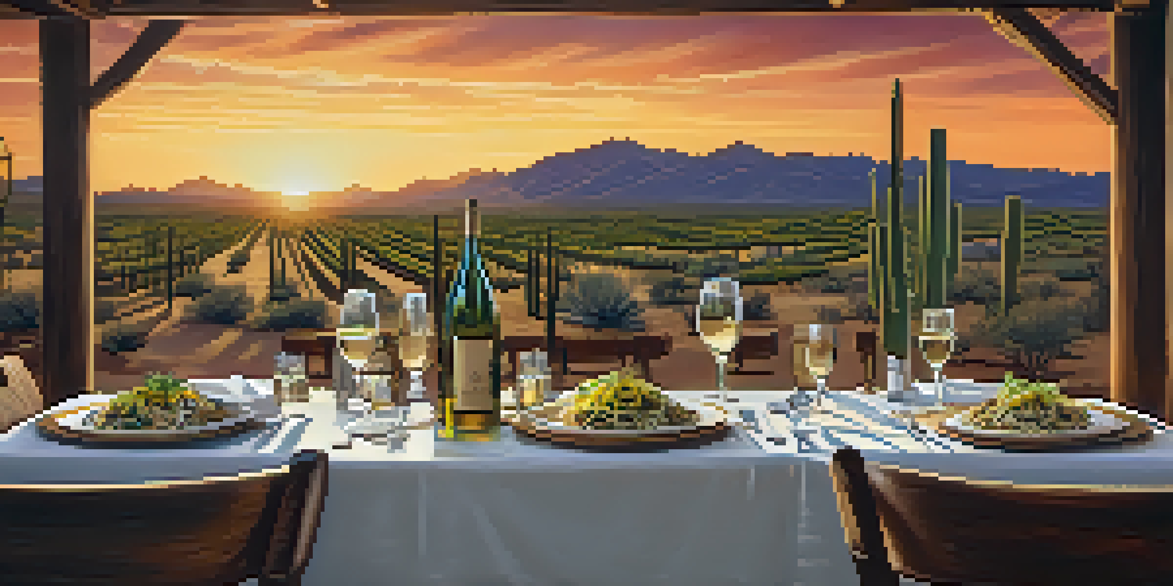 An elegant table setting at a restaurant featuring green chili enchiladas and a glass of Arizona wine, with a desert sunset in the background.