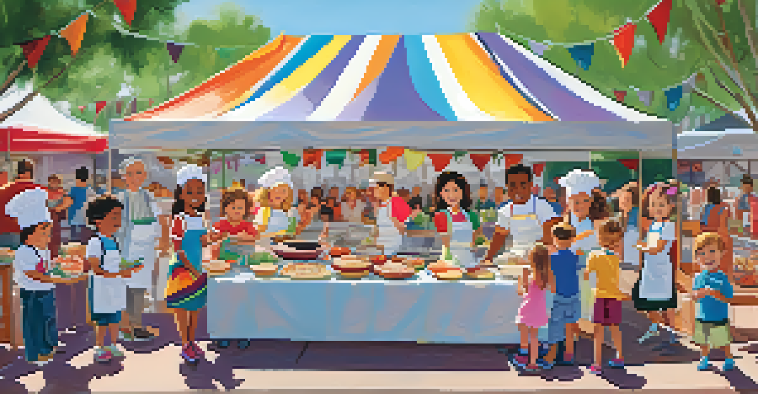 A family at a food festival, children engaged in a cooking demonstration with a smiling chef, colorful decorations around them.