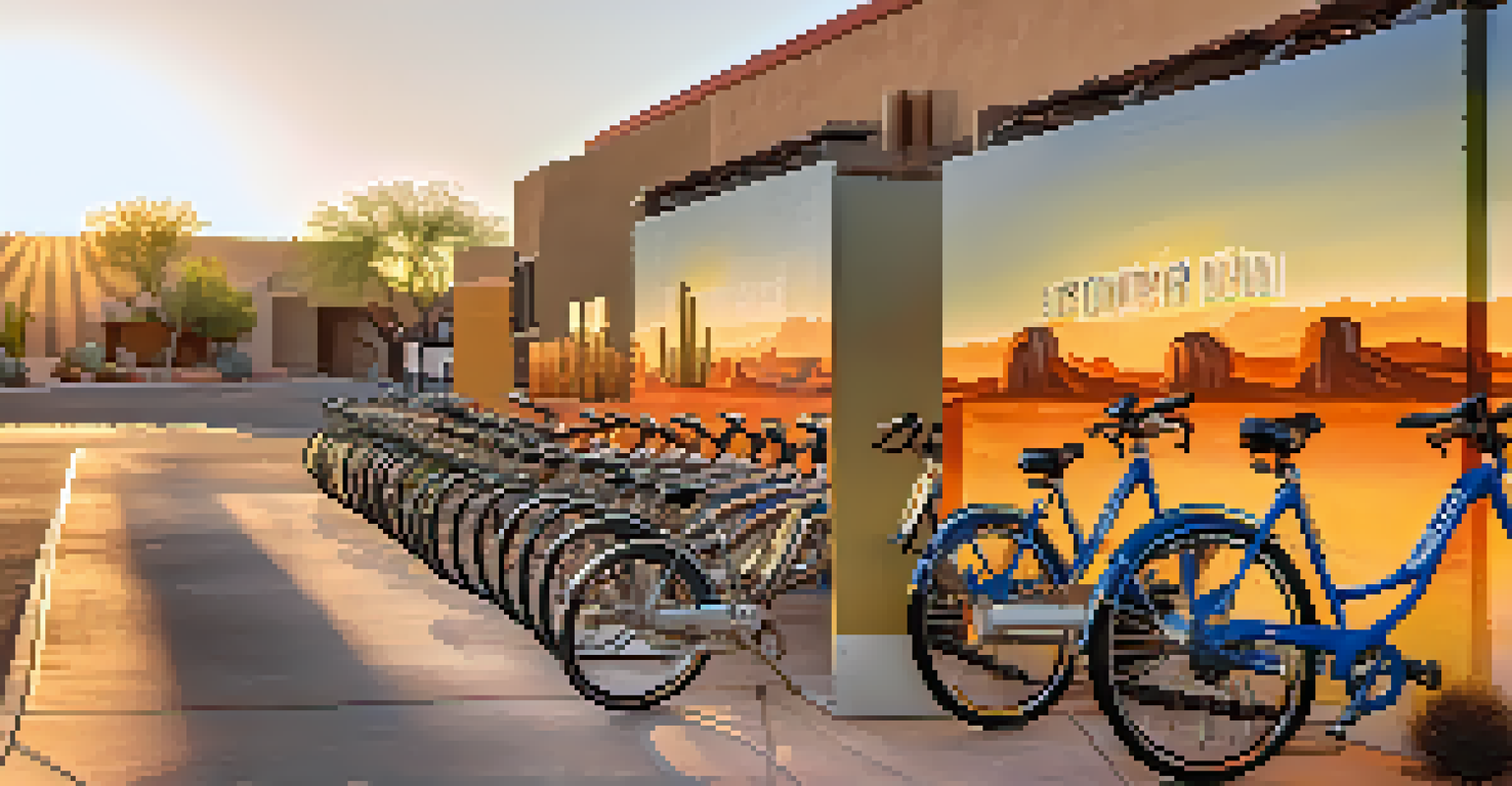 A bike-sharing station with colorful bicycles in Scottsdale, decorated with a mural and a sunset in the background.