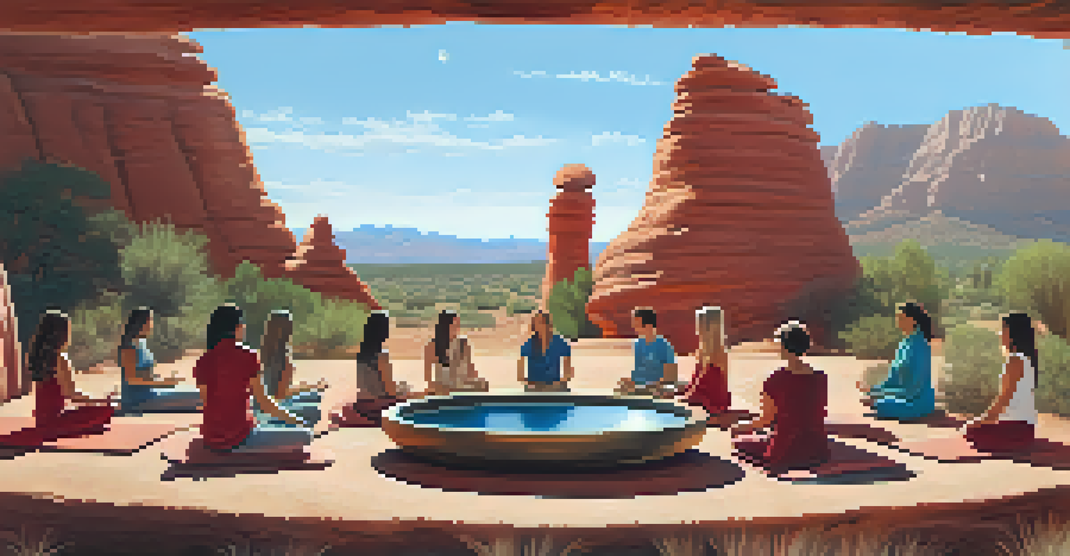 Participants in a sound bath session outdoors with sound bowls, surrounded by red rock formations and a clear sky.