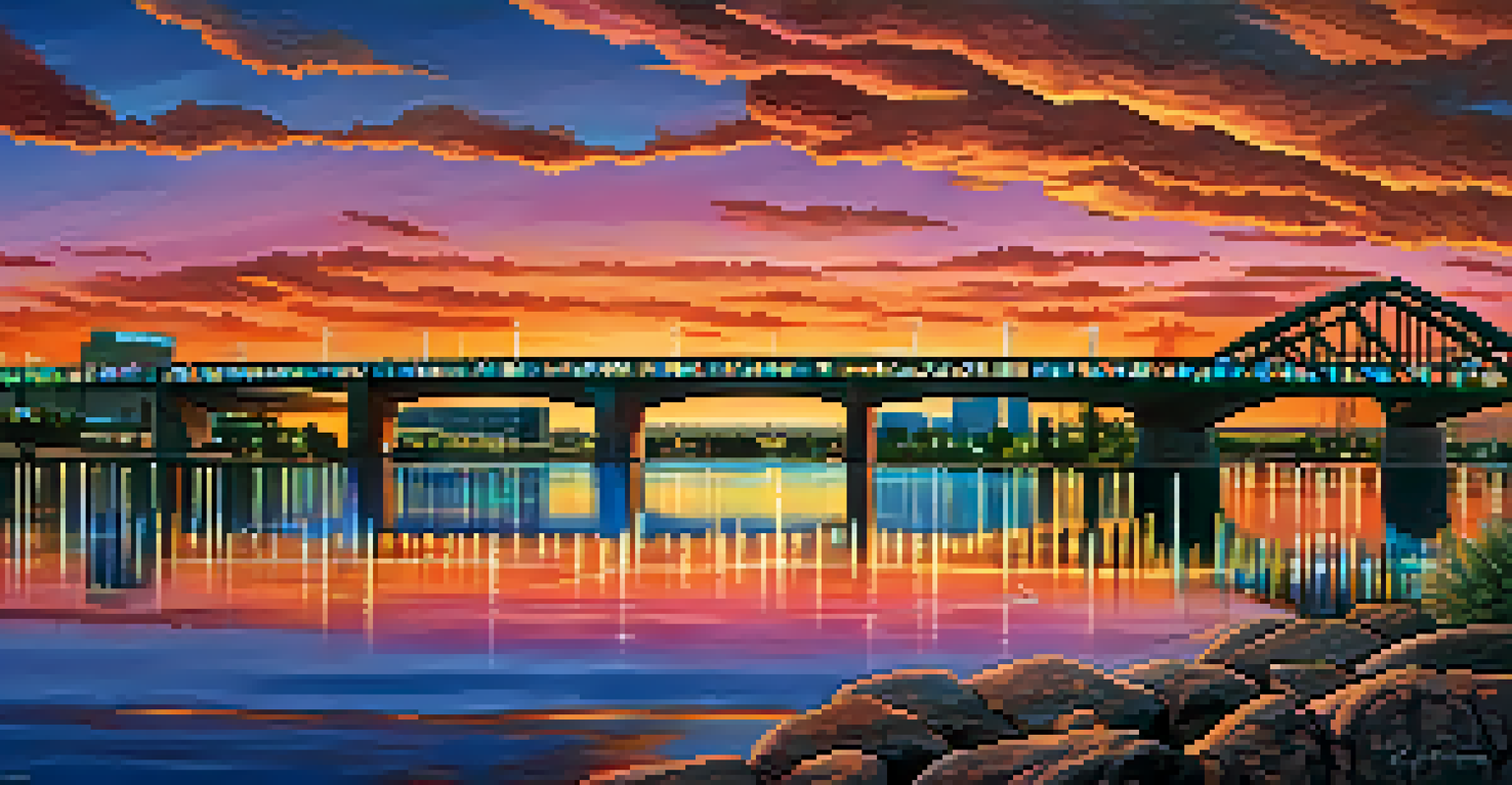 A sunset view of Tempe Town Lake with the Mill Avenue Bridge silhouetted and city lights reflecting on the water.