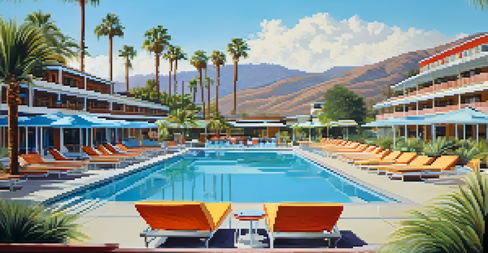 View of Hotel Valley Ho featuring mid-century architecture with colorful exteriors and a pool area surrounded by palm trees.