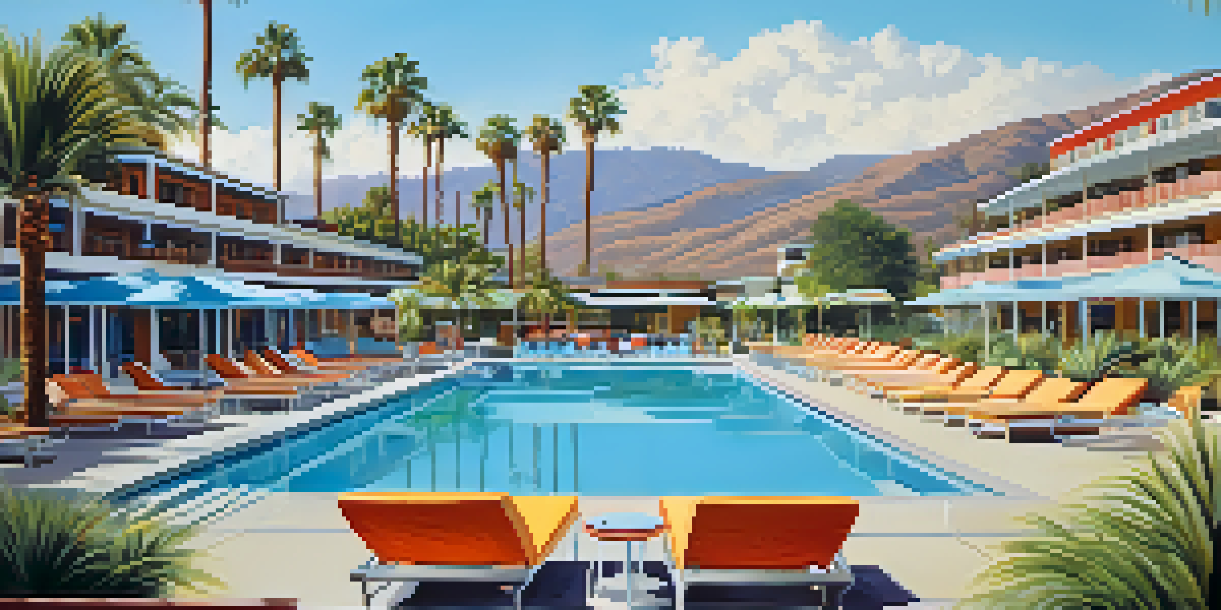 View of Hotel Valley Ho featuring mid-century architecture with colorful exteriors and a pool area surrounded by palm trees.