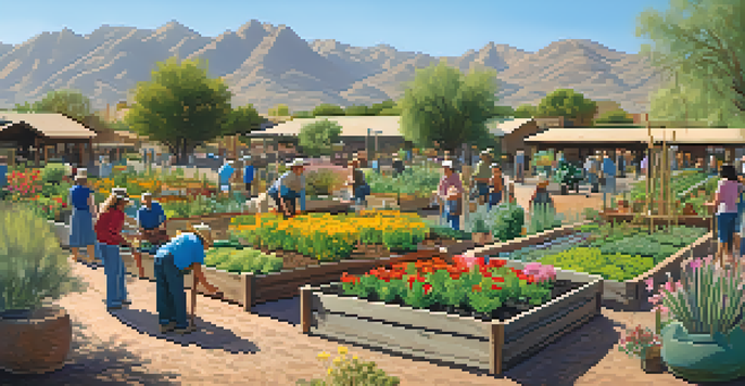 A community garden bustling with activity, featuring diverse plants and people of different ages working together under a bright sky.