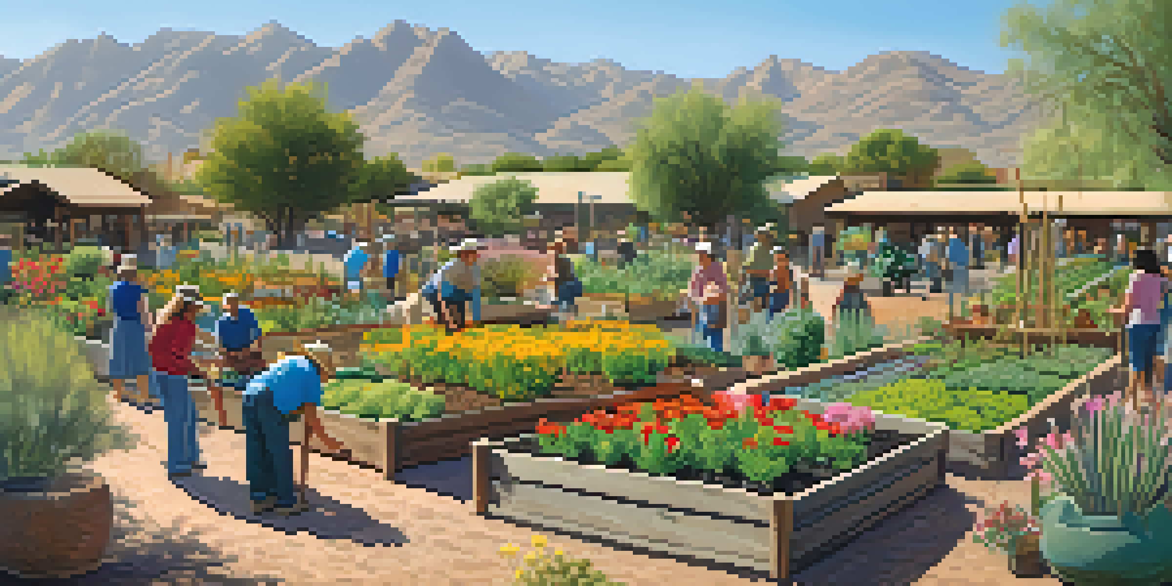 A community garden bustling with activity, featuring diverse plants and people of different ages working together under a bright sky.