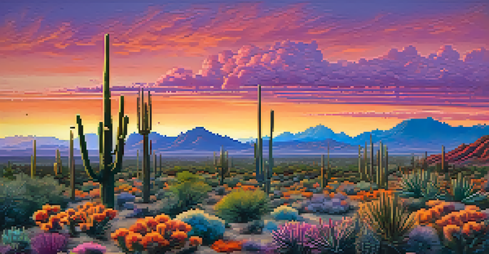 A sunset view of Scottsdale's desert landscape with Saguaro cacti and distant mountains.