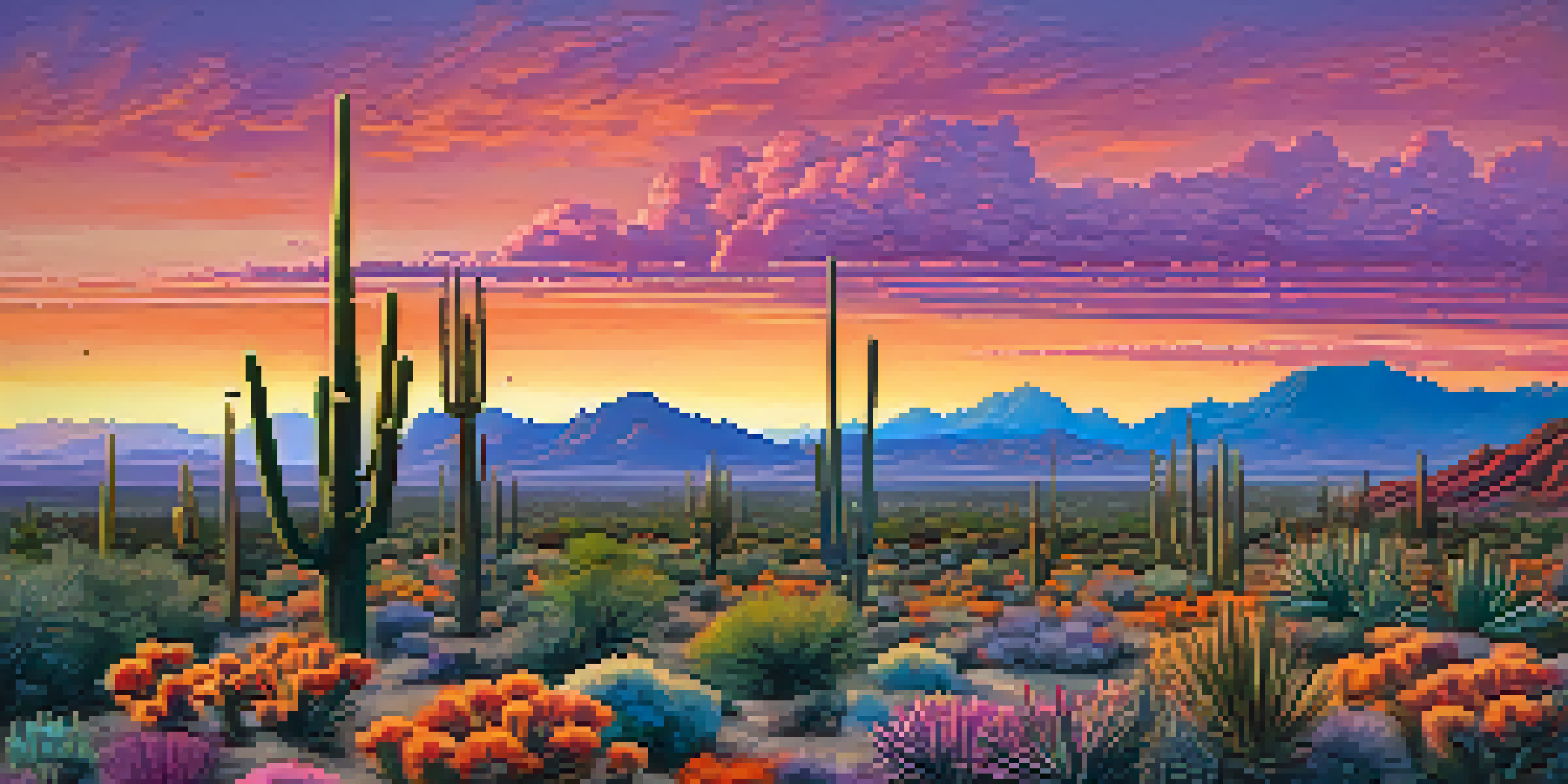 A sunset view of Scottsdale's desert landscape with Saguaro cacti and distant mountains.