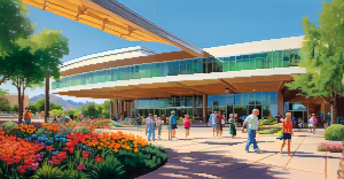 A modernist building surrounded by greenery, with people enjoying activities in the park.
