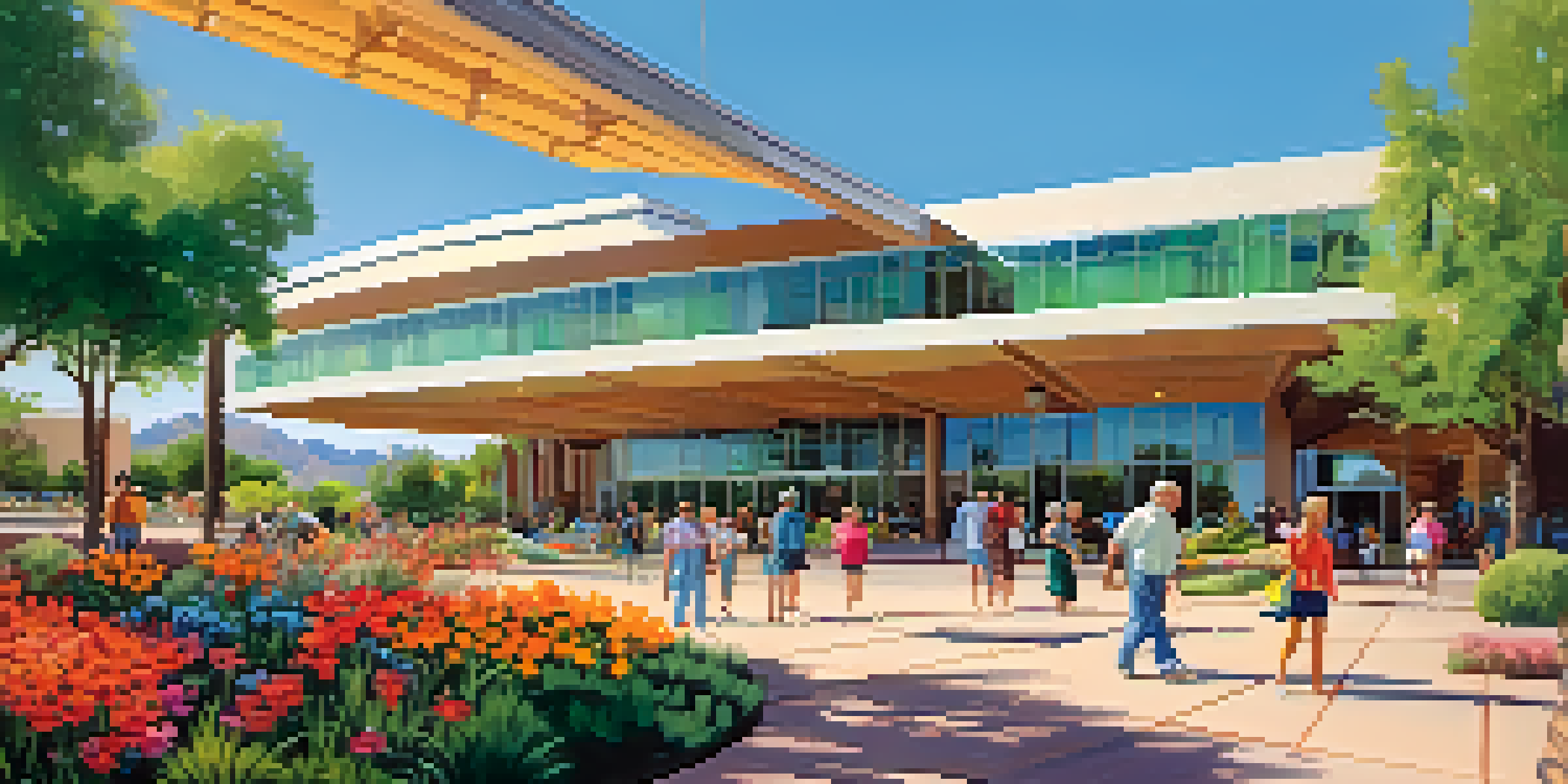A modernist building surrounded by greenery, with people enjoying activities in the park.