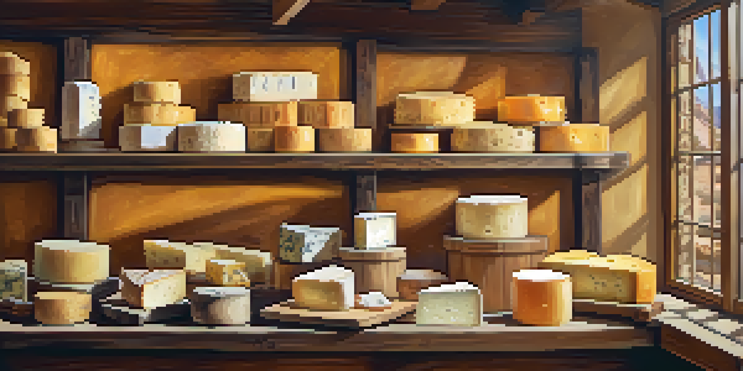 A cozy artisan cheese shop with a variety of cheeses displayed on wooden shelves, illuminated by warm natural light.
