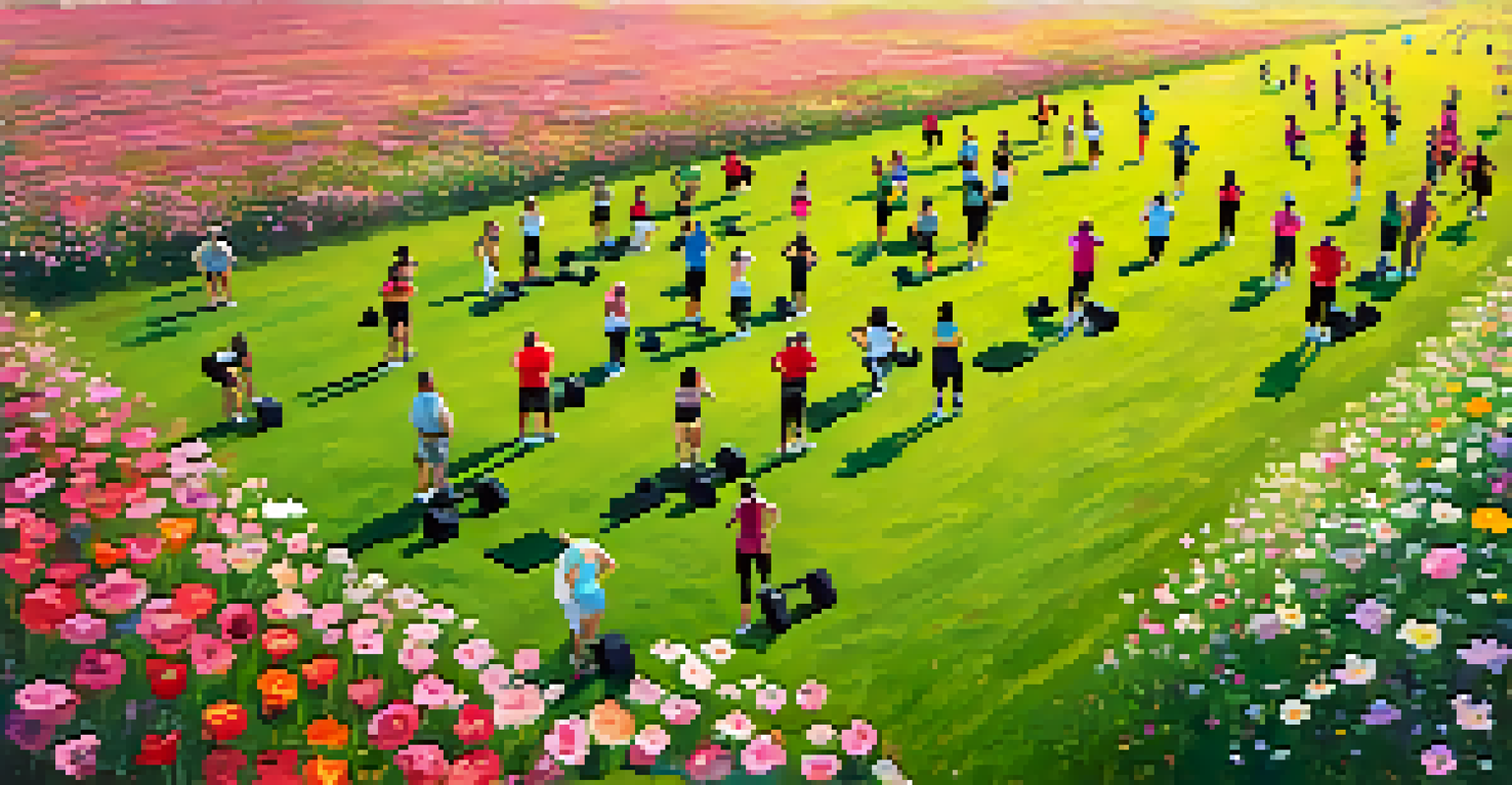 An aerial view of participants in a high-intensity interval training (HIIT) boot camp in a colorful open field.