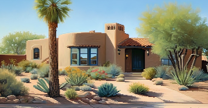 A beautiful Adobe style home in Scottsdale, surrounded by desert plants under a clear blue sky.
