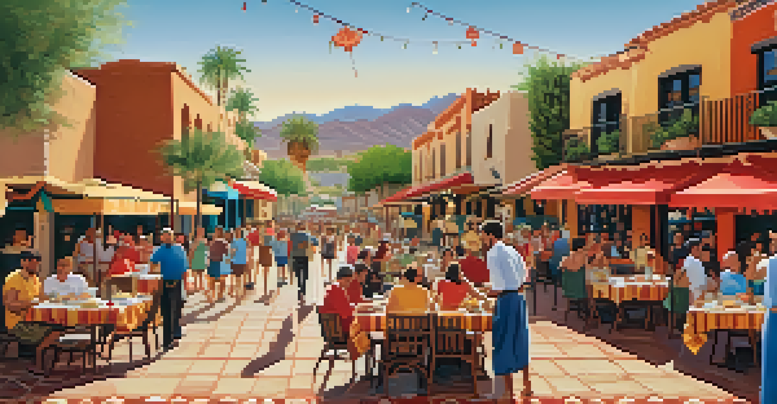 A bustling scene in Old Town Scottsdale with adobe buildings and a food festival featuring Spanish cuisine.