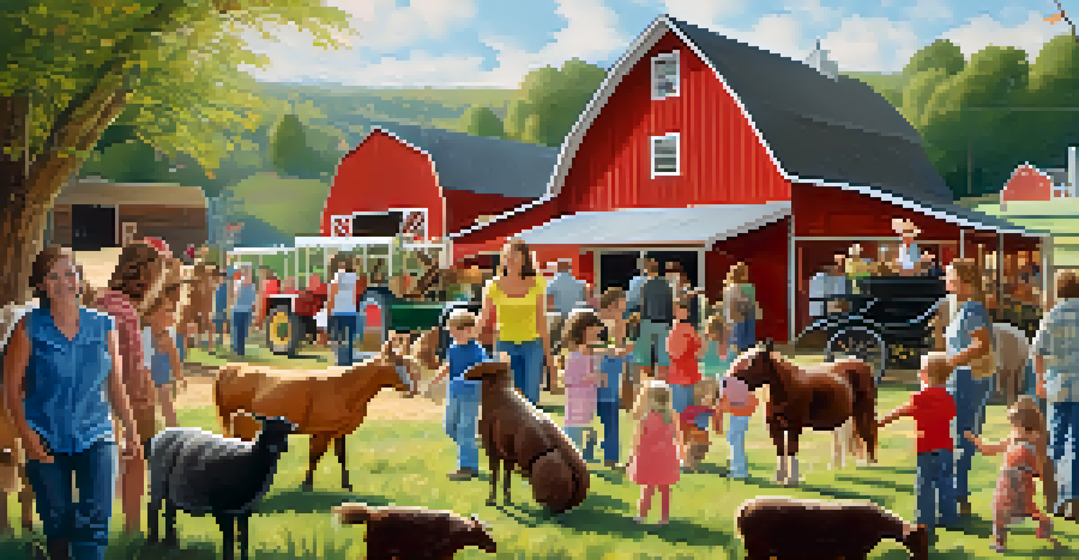 A local farm with families enjoying hayrides and children interacting with animals in a petting zoo, filled with colorful decorations.